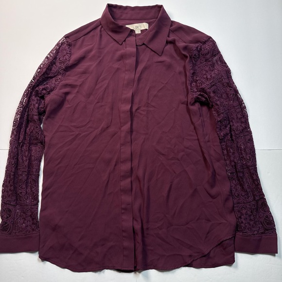 LOFT Tops - LOFT Blouse Womens‎ Medium Burgundy Collared Button Front Sheer Lace Long Sleeve